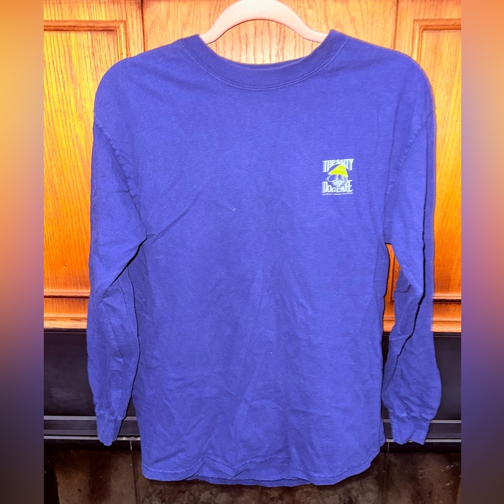 Woman’s Blue Long Sleeve Shirt “Salty Dog Cafe”. EUC